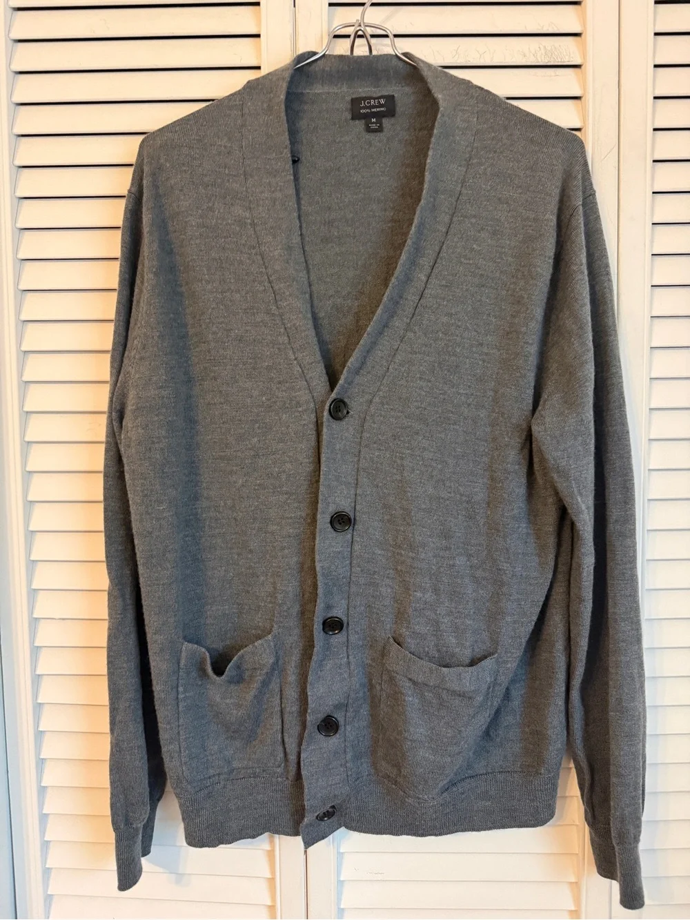 J Crew Mens Merino Wool Button Down Gray V Neck Cardigan Medium Academia Preppy